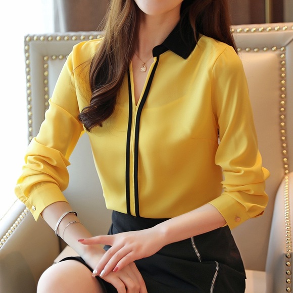Women V-neck Long-Sleeve Yellow Blouse - Picture 1 of 6